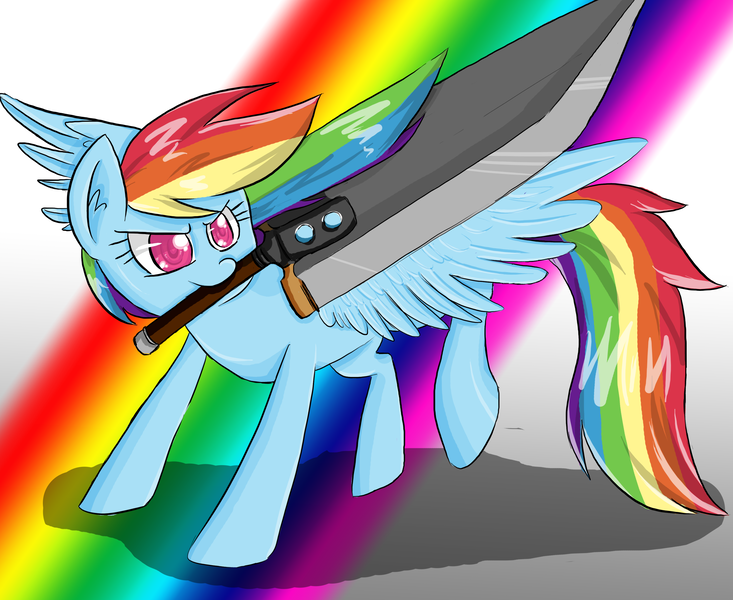 Size: 3300x2700 | Tagged: safe, artist:drhikari, derpibooru import, rainbow dash, pegasus, pony, cloud strife, crossover, final fantasy, final fantasy vii, mouth hold, solo, sword, weapon