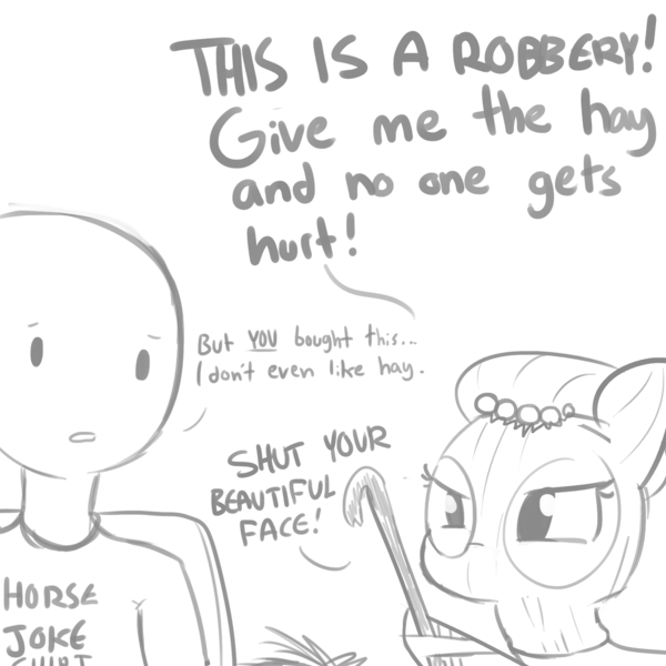 Size: 1280x1280 | Tagged: safe, artist:tjpones, derpibooru import, oc, oc:brownie bun, oc:richard, unofficial characters only, earth pony, human, pony, horse wife, affectionate aggression, balaclava, chair, crowbar, cute, dialogue, grayscale, monochrome, ocbetes, robbery, simple background, sitting, sketch, ski mask, white background