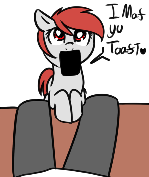 Size: 979x1165 | Tagged: safe, artist:neuro, derpibooru import, oc, oc:anon, ponified, unofficial characters only, object pony, original species, pony, toaster pony, bread, burnt, burnt toast, dialogue, female, floppy ears, food, heart, heart eyes, looking at you, mare, mouth hold, offscreen character, simple background, solo focus, toast, transparent background, wingding eyes