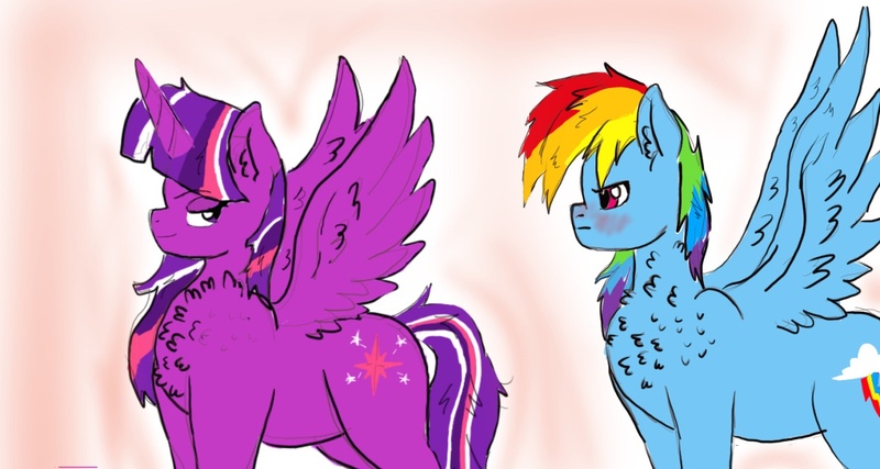 Size: 1280x683 | Tagged: suggestive, artist:artmagic15, derpibooru import, rainbow dash, twilight sparkle, twilight sparkle (alicorn), alicorn, pony, blushing, female, fluffy, lesbian, shipping, simple background, spread wings, teasing, twidash, wingboner