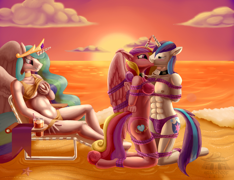 Size: 1589x1229 | Tagged: anthro, artist:quakehoof, beach, bikini, bondage, bound together, box tied, breast bondage, breasts, busty princess cadance, busty princess celestia, clothes, collar, derpibooru import, female, forced kiss, grope, hands behind back, horn ring, implied bisexual, implied masturbation, kissing, kneeling, knee tied, linked collars, lip bite, magic suppression, making out, male, nipples, nudity, partial nudity, princess cadance, princess celestia, questionable, rope, rope bondage, shining armor, shiningcadance, shiningsub, shipping, straight, subdance, sunset, swimsuit, tied up, topless, unguligrade anthro, voyeurism