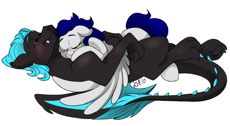 Size: 2000x1100 | Tagged: safe, artist:dragonfoxgirl, derpibooru import, oc, oc:alona, oc:vibrato, unofficial characters only, dragon, pegasus, pony, alonato, better version at source, black background, blank flank, blushing, cuddling, cute, ear fluff, eyes closed, floppy ears, hug, interspecies, oc x oc, on back, prone, shipping, simple background, smiling, snaggletooth, snuggling, spread wings, tattoo, winghug