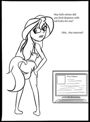 Size: 1024x1395 | Tagged: suggestive, artist:diaperednight, derpibooru import, rarity, sunset shimmer, anthro, equestria girls, friendship games, legend of everfree, rainbow rocks, black and white, bra, breasts, clothes, computer, diaper, diaper fetish, grayscale, internet, monochrome, ponytail, underwear