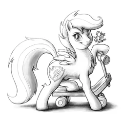 Size: 1000x1000 | Tagged: safe, artist:blue-paint-sea, derpibooru import, scootaloo, looking at you, monochrome, scooter, signature, simple background, sketch, smiling, solo, white background