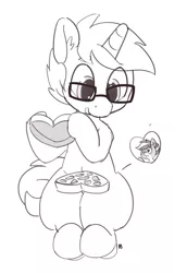 Size: 1280x1863 | Tagged: safe, artist:pabbley, derpibooru import, oc, oc:bandy cyoot, oc:lore love, unofficial characters only, pony, raccoon pony, box of chocolates, glasses, monochrome, one eye closed, simple background, sitting, tongue out, valentine, valentine's day, white background, wink
