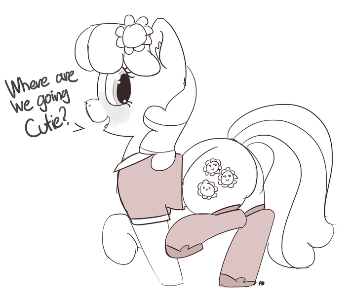 Size: 1280x1077 | Tagged: safe, artist:pabbley, derpibooru import, cheerilee, pony, blushing, clothes, dialogue, monochrome, open mouth, shirt, simple background, socks, solo, stockings, thigh highs, walking, white background