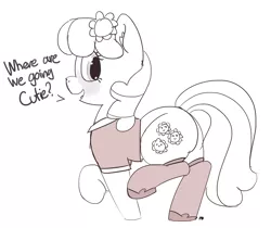 Size: 1280x1077 | Tagged: safe, artist:pabbley, derpibooru import, cheerilee, pony, blushing, clothes, dialogue, monochrome, open mouth, shirt, simple background, socks, solo, stockings, thigh highs, walking, white background