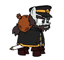 Size: 640x600 | Tagged: safe, artist:ficficponyfic, color edit, derpibooru import, edit, oc, oc:venator, unofficial characters only, pony, colt quest, adult, arrow, bag, beard, boots, bush, clothes, color, colored, demon hunter, emblem, facial hair, forest, hat, male, overcoat, sack, solo, stallion, story included, sword, weapon