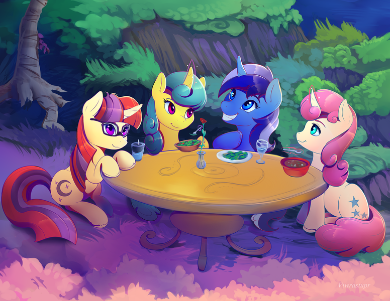 Size: 2200x1700 | Tagged: safe, artist:viwrastupr, derpibooru import, lemon hearts, minuette, moondancer, twinkleshine, pony, unicorn, adorableshine, backwards cutie mark, bowl, close-up, curved horn, cute, dancerbetes, drink, food, fork, friends, glasses, group, lemonbetes, magic, minubetes, salad, scenery, sitting, smiling, table, tree