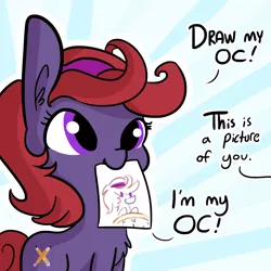 Size: 1280x1280 | Tagged: safe, artist:tjpones, derpibooru import, oc, oc:quick draw, unofficial characters only, earth pony, pony, 30 minute art challenge, abstract background, dialogue, drawing, meta, mouth hold, offscreen character, self paradox, solo, unoriginal character