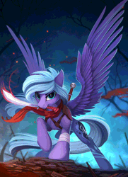 Size: 580x800 | Tagged: safe, artist:imiokun, artist:yakovlev-vad, derpibooru import, oc, unofficial characters only, pegasus, pony, animated, cinemagraph, clothes, gif, looking at you, male, mouth hold, not luna, scarf, solo, stallion, sword, weapon