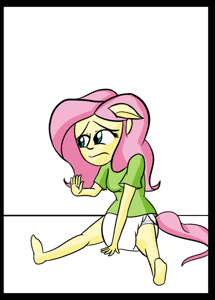 Size: 1248x1740 | Tagged: questionable, artist:diaperednight, derpibooru import, fluttershy, equestria girls, clothes, diaper, diaper fetish, floppy ears, four ears, ponied up, poofy diaper, shirt, solo