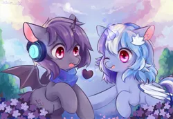 Size: 2952x2031 | Tagged: safe, artist:nitrogenowo, derpibooru import, oc, unofficial characters only, alicorn, bat pony, bat pony alicorn, pony, alicorn oc, cloud, cute, duo, flower, glowing horn, headphones, heart, magic, multicolored hair, ocbetes, one eye closed, open mouth, raised hoof, sky, smiling, wink