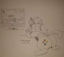 Size: 1060x934 | Tagged: safe, artist:lewdtempest, derpibooru import, oc, oc:nintendy, unofficial characters only, pony, unicorn, cap, hat, mario, plot, solo, super mario 3d world, television, traditional art, wii u, wii u touchpad