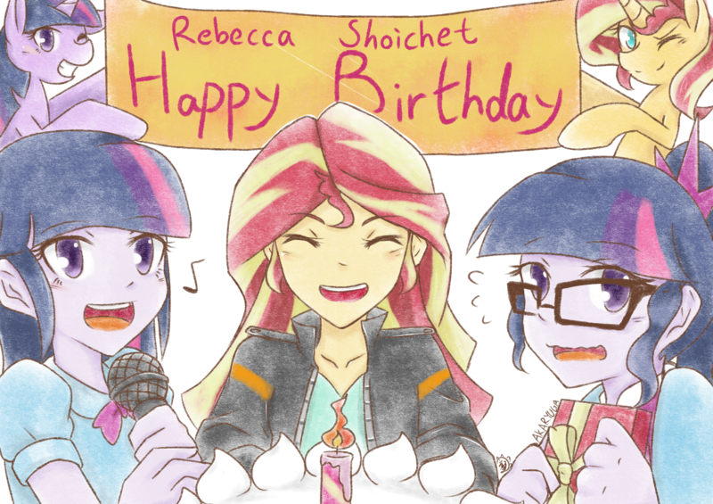 Size: 1910x1350 | Tagged: safe, artist:aka-ryuga, derpibooru import, sci-twi, sunset shimmer, twilight sparkle, equestria girls, banner, birthday, cake, clothes, eyes closed, female, food, happy birthday, heart, jacket, lesbian, looking at you, microphone, present, rebecca shoichet, scitwishimmer, self ponidox, shipping, smiling, sunset gets all the twilights, sunset twiangle, sunsetsparkle, twolight