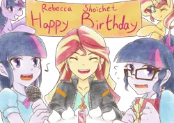 Size: 1910x1350 | Tagged: safe, artist:aka-ryuga, derpibooru import, sci-twi, sunset shimmer, twilight sparkle, equestria girls, banner, birthday, cake, clothes, eyes closed, female, food, happy birthday, heart, jacket, lesbian, looking at you, microphone, present, rebecca shoichet, scitwishimmer, self ponidox, shipping, smiling, sunset gets all the twilights, sunset twiangle, sunsetsparkle, twolight