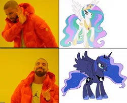 Size: 536x436 | Tagged: safe, derpibooru import, princess celestia, princess luna, alicorn, human, pony, background pony strikes again, celestia hate, drake, hotline bling, irl, irl human, meme, photo