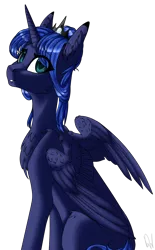 Size: 1024x1656 | Tagged: alternate hairstyle, artist:drawitwriteit, artist:nightstarss, chest fluff, collaboration, derpibooru import, ear fluff, female, looking back, princess luna, s1 luna, safe, simple background, solo, spread wings, transparent background