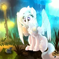 Size: 1700x1700 | Tagged: safe, artist:zaphyray, derpibooru import, oc, unofficial characters only, pegasus, pony, squirrel, chest fluff, crepuscular rays, ear fluff, female, forest, mare, solo, sun