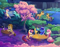 Size: 2100x1650 | Tagged: safe, artist:viwrastupr, derpibooru import, bon bon, caramel, doctor whooves, lemon hearts, lyra heartstrings, minuette, moondancer, sweetie drops, time turner, toffee, twinkleshine, changeling, pony, beautiful, canterlot five, color porn, cup, curved horn, drink, fascinating, food, friends, glass, glasses, glowing horn, lake, looking at each other, magic, male, model, necktie, park, raised hoof, salad, scenery, self ponidox, smiling, solar system, solar system model, stallion, surprised, table, tree, water