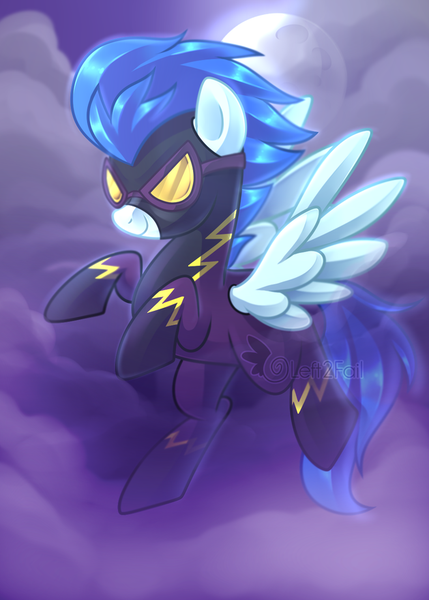 Size: 600x840 | Tagged: safe, artist:drawntildawn, derpibooru import, nightshade, pegasus, pony, friendship is magic, clothes, cloud, costume, full moon, goggles, moon, night, raised hoof, shadowbolts, shadowbolts costume, smiling, solo, watermark