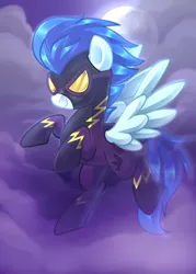 Size: 600x840 | Tagged: safe, artist:drawntildawn, derpibooru import, nightshade, pegasus, pony, friendship is magic, clothes, cloud, costume, full moon, goggles, moon, night, raised hoof, shadowbolts, shadowbolts costume, smiling, solo, watermark