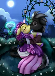 Size: 2550x3509 | Tagged: safe, artist:pridark, derpibooru import, oc, oc:ebony crescent, unofficial characters only, bat pony, changeling, pony, unicorn, clothes, commission, curved horn, dress, female, full moon, garden, glowing horn, kissing, magic, male, mare, moon, night