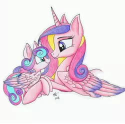 Size: 5096x5064 | Tagged: safe, artist:celestial-rainstorm, derpibooru import, princess cadance, princess flurry heart, alicorn, pony, absurd resolution, colored wings, colored wingtips, cute, cutedance, eye contact, female, flurrybetes, foal, large wings, leaning, looking at each other, mare, missing accessory, mother and daughter, oversized wings, prone, simple background, smiling, traditional art, white background, wing fluff, wings
