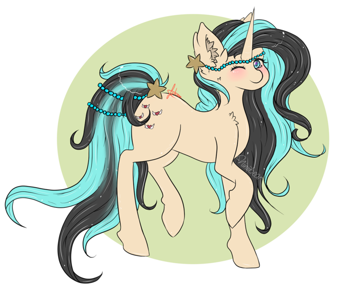 Size: 1073x915 | Tagged: safe, artist:niniibear, derpibooru import, oc, unofficial characters only, pony, unicorn, acessories, black, black hair, blushing, cute, fluffy, heart, one eye closed, pearl, sand, smiling, solo, stars, teal, teal hair, wavey, wavey hair, wink