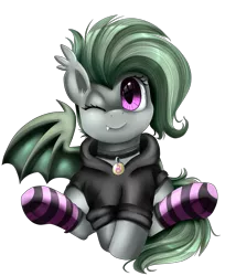 Size: 1774x2174 | Tagged: safe, artist:pridark, derpibooru import, oc, oc:bliss, unofficial characters only, bat pony, pony, clothes, collar, commission, cute, fangs, female, mare, ocbetes, one eye closed, simple background, sitting, socks, solo, striped socks, sweater, transparent background, wink