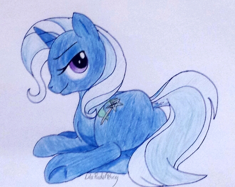 Size: 1280x1021 | Tagged: safe, artist:lilapudelpony, derpibooru import, trixie, pony, unicorn, female, looking at you, plot, smiling, solo, traditional art, underhoof