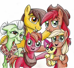 Size: 1692x1554 | Tagged: safe, artist:celestial-rainstorm, derpibooru import, apple bloom, applejack, big macintosh, granny smith, oc, oc:ambrosia, oc:bismarck, earth pony, pony, applejack's parents, baby, baby pony, male, traditional art, younger