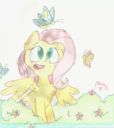 Size: 1140x1280 | Tagged: safe, artist:aliceshimmer, derpibooru import, fluttershy, butterfly, pegasus, pony, amazed, bush, chest fluff, looking at something, looking up, open mouth, sitting, smiling, solo, spread wings, traditional art, wings