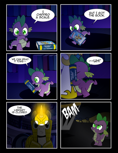 Size: 1275x1650 | Tagged: safe, artist:dsana, derpibooru import, daring do, spike, dragon, pony, unicorn, comic:to look after, daring do and the forbidden city of clouds, book, canterlot library, comic, deleted scene, magic, royal guard