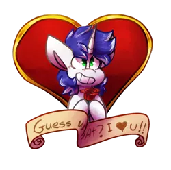 Size: 1024x1017 | Tagged: safe, artist:crownedspade, derpibooru import, oc, oc:vocal score, unofficial characters only, pony, unicorn, banner, flower, heart, male, rose, simple background, solo, stallion, transparent background, valentine, valentine's day