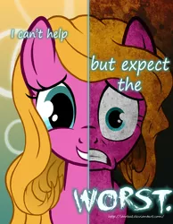 Size: 2000x2577 | Tagged: safe, artist:starbat, derpibooru import, shady, earth pony, pony, abstract background, fake smile, female, g1, g1 to g4, generation leap, mare, sad, terrified, two sided posters, two sides, worried