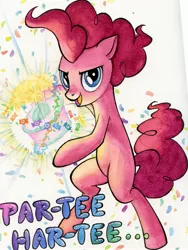 Size: 2208x2940 | Tagged: safe, artist:dracontiar, artist:realitydowngrade, derpibooru import, pinkie pie, earth pony, pony, bipedal, cake, confetti, dragon ball, dragon ball z, food, high res, kamehameha, missing cutie mark, solo, spirit ball, traditional art