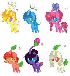 Size: 794x866 | Tagged: safe, artist:nanobun, derpibooru import, oc, ponified, unofficial characters only, pegasus, pikmin, pony, alternate mane six, c:, chibi, colored wings, colored wingtips, crossover, cute, female, flower, leaf, male, simple background, smiling, transparent background