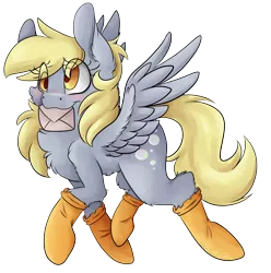 Size: 4549x4586 | Tagged: safe, artist:cutepencilcase, derpibooru import, derpy hooves, pegasus, pony, absurd resolution, blushing, chest fluff, clothes, female, fluffy, letter, mare, mouth hold, simple background, socks, solo, spread wings, transparent background