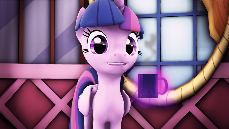 Size: 3840x2160 | Tagged: safe, artist:melodycloud14, derpibooru import, twilight sparkle, twilight sparkle (alicorn), alicorn, pony, 3d, coffee, cup, looking at you, magic, smiling, smiling at you, solo, source filmmaker, steam
