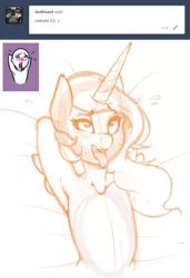 Size: 975x1425 | Tagged: suggestive, artist:banbanji, derpibooru import, princess celestia, anthro, ahegao, ahego meme, armpits, ask, bed, blushing, female, lineart, monochrome, on back, open mouth, simple background, sketch, smiling, solo, solo female, sweat, tongue out, tumblr, wavy mouth, white background