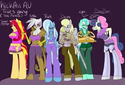 Size: 2500x1700 | Tagged: safe, artist:reneesdetermination, derpibooru import, bon bon, derpy hooves, gilda, lyra heartstrings, sunset shimmer, sweetie drops, trixie, anthro, cyborg, gryphon, unguligrade anthro, abs, amputee, augmented, belly button, bionic arm, blindfold, bon bon is not amused, clothes, fanny pack, midriff, open-chest sweater, prosthetic limb, prosthetics, sweater, sword, unamused, weapon