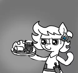 Size: 640x600 | Tagged: safe, artist:ficficponyfic, derpibooru import, oc, oc:ruby rouge, unofficial characters only, earth pony, pony, colt quest, belt, bread, child, ear piercing, earring, female, filly, foal, food, jar, jewelry, knife, monochrome, piercing, smiling, solo, story included, tray