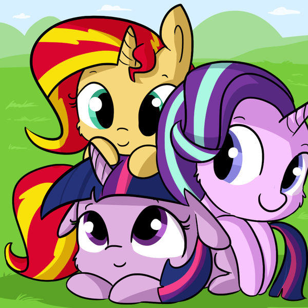 Size: 1080x1080 | Tagged: safe, artist:tjpones, derpibooru import, starlight glimmer, sunset shimmer, twilight sparkle, twilight sparkle (alicorn), alicorn, pony, unicorn, counterparts, cuddle puddle, cuddling, cute, daaaaaaaaaaaw, floppy ears, fluffy, glimmerbetes, hnnng, magical trio, pony pile, shimmerbetes, smiling, tjpones is trying to murder us, trio, twiabetes, twilight's counterparts, twishimmerglimmer