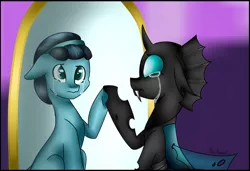 Size: 1024x702 | Tagged: artist:tokyo_queen, changeling, crying, crystal hoof, derpibooru import, disguise, disguised changeling, mirror, sad, safe, thorax