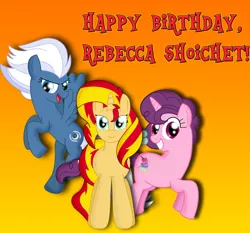 Size: 4342x4039 | Tagged: safe, artist:cyber-murph, derpibooru import, night glider, sugar belle, sunset shimmer, pony, absurd resolution, birthday gift, happy birthday, rebecca shoichet, tribute, voice actor