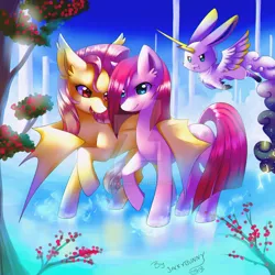 Size: 900x900 | Tagged: safe, artist:jacky-bunny, derpibooru import, angel bunny, fluttershy, pinkie pie, bat pony, pony, alternate design, alternate universe, flutterbat, pinkamena diane pie, race swap, tree, waterfall, watermark