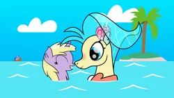 Size: 3509x1974 | Tagged: artist:dinkyuniverse, boat, chest fluff, cloud, derpibooru import, dinky hooves, dinkystar, ear fluff, female, freckles, island, lesbian, my little pony: the movie, nuzzling, ocean, palm tree, princess skystar, safe, seafoam, seapony (g4), sea swirl, shipping, shipping fuel, tree, water, wave