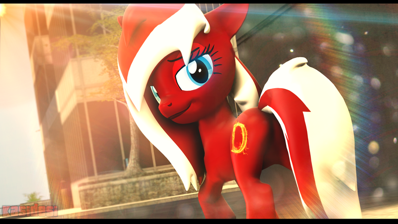 Size: 1920x1080 | Tagged: safe, artist:alcohors, derpibooru import, oc, oc:dera, unofficial characters only, earth pony, pony, 3d, female, lens flare, looking back, mare, plot, solo, tree