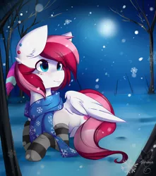 Size: 800x903 | Tagged: safe, artist:teranen, derpibooru import, oc, oc:rouge swirl, unofficial characters only, pegasus, pony, clothes, colored pupils, scarf, snow, socks, solo, striped socks, tree, winter